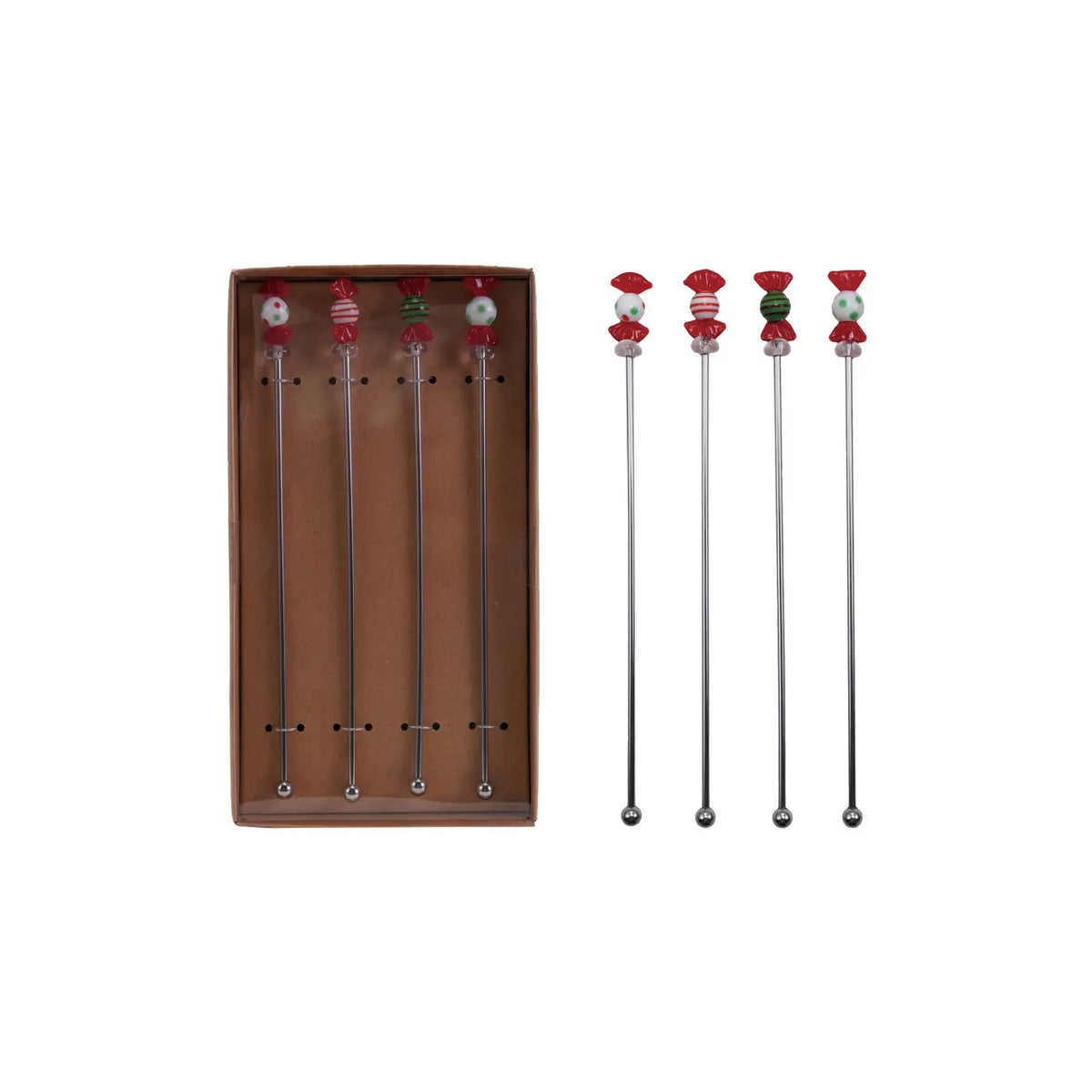 Set of stainless steel cocktail stirrers topped with colorful hand-blown glass candy designs.