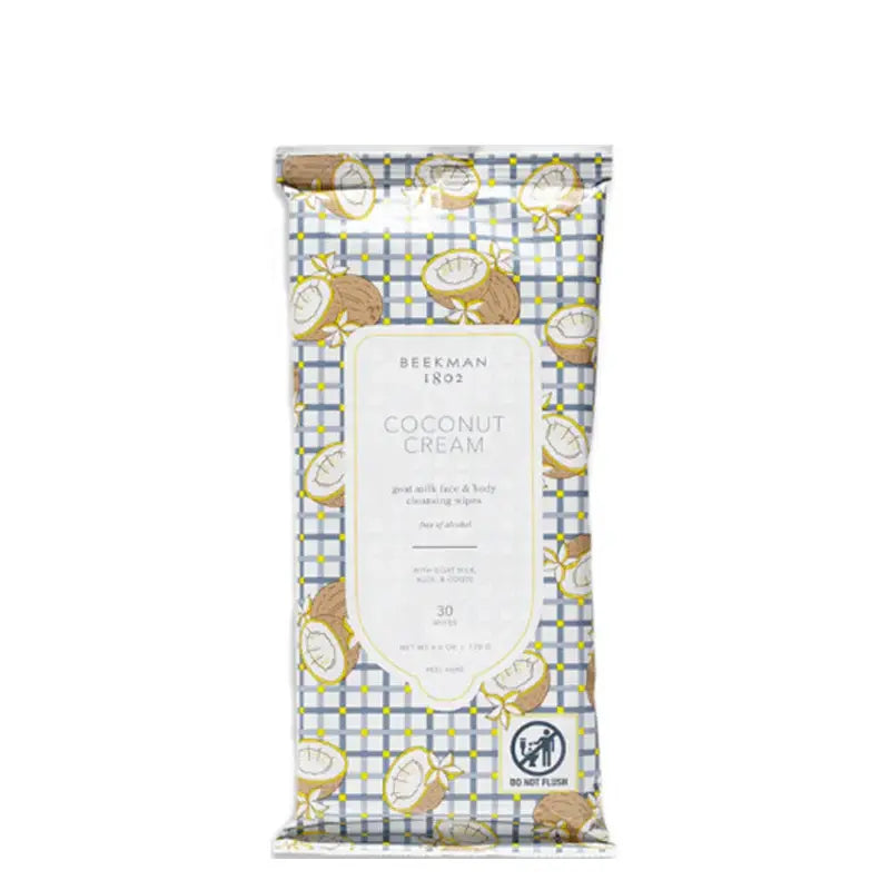Pack of coconut cream facial cleansing wipes with a resealable lid.