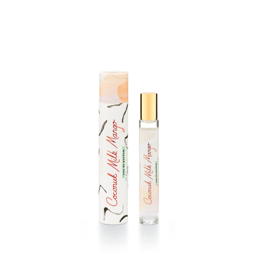 Coconut Milk Mango rollerball perfume with a white bottle featuring silver cap.