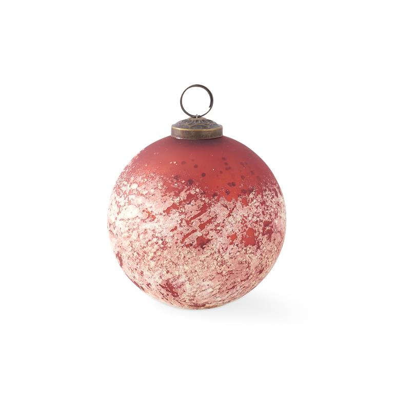 4-inch red glass ornament with a speckled white bottom half and a brass hanging loop.