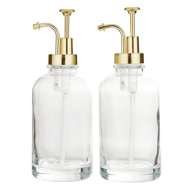 Glass coffee syrup dispenser with gold pump lid