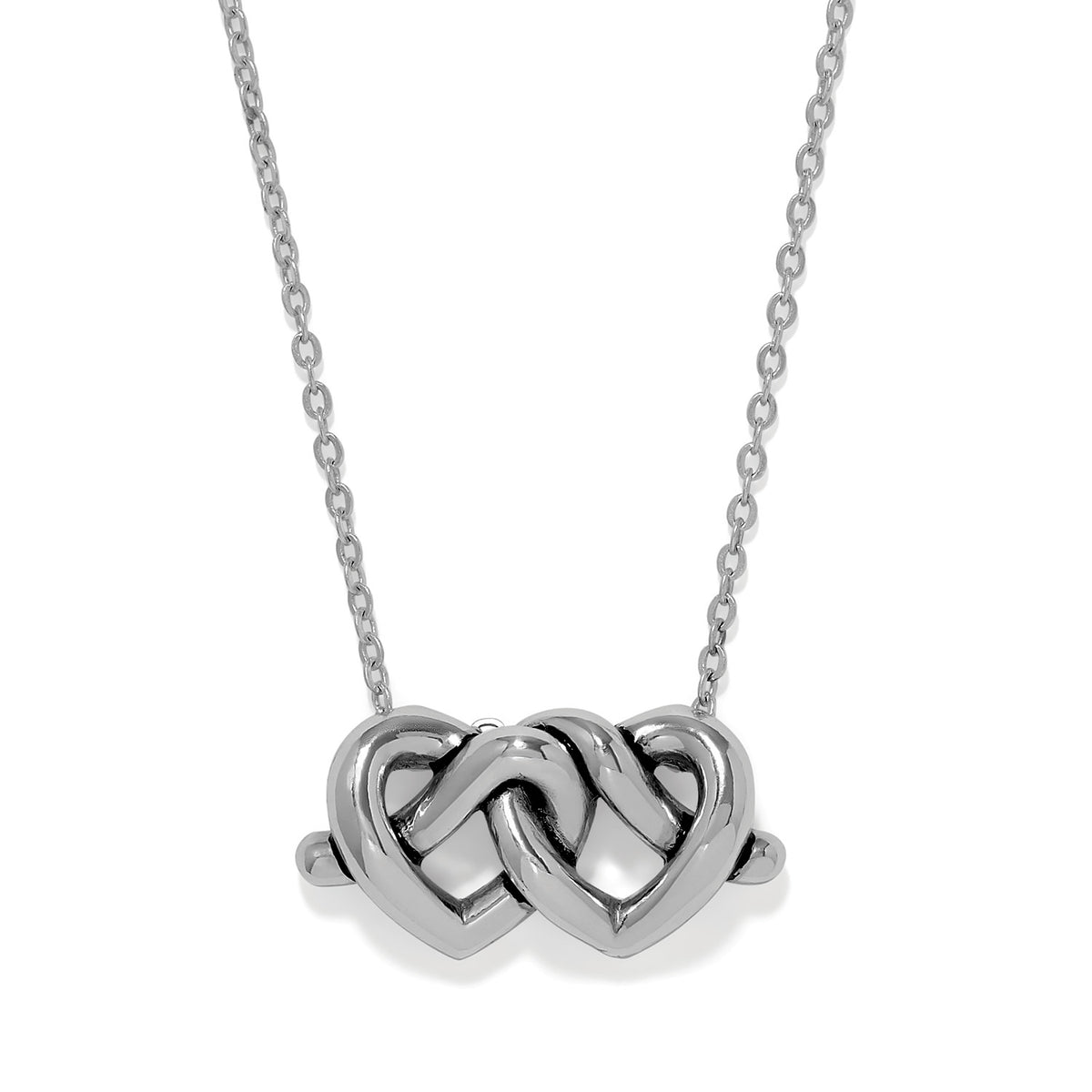 Silver plated Interlok Linked Hearts Necklace with two interlocking heart pendants on a chain.
