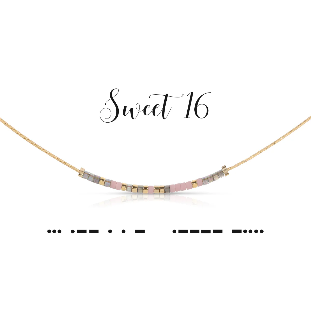 Sweet 16 gold chain necklace with pink and gold beads representing Morse code for sixteen.