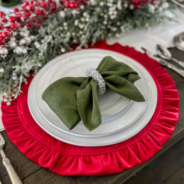 Round ruffle velvet placemat in a soft neutral tone with an 18-inch diameter.