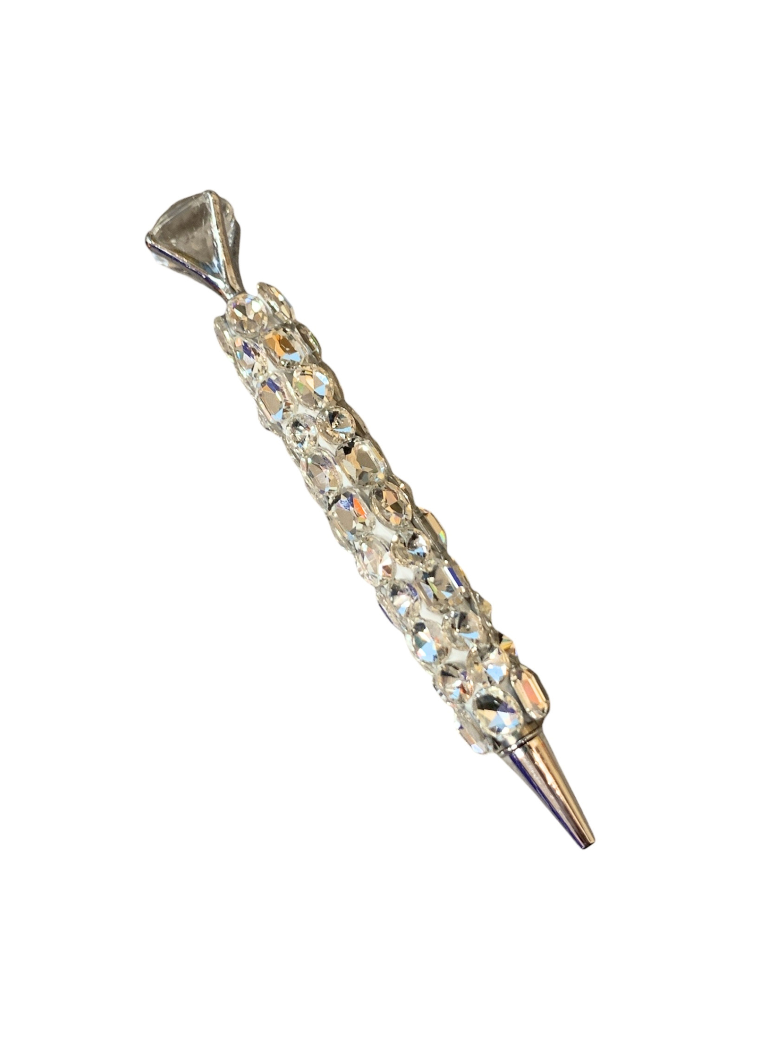 Silver crystal ink pen with a large diamond-shaped topper and rhinestone-covered barrel.