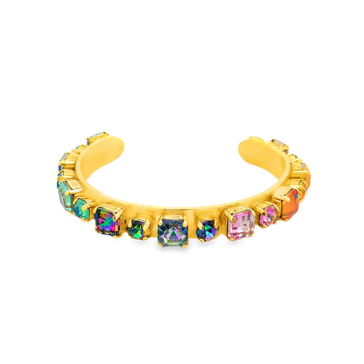 Antique gold-plated brass cuff bracelet with high-quality crystals in Candy Crush color