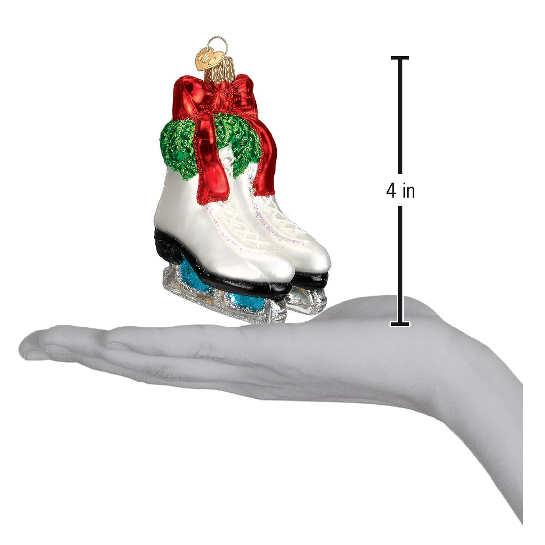 Holiday Skates Ornament featuring white ice skates with a red bow and green wreath, 4 inches tall.