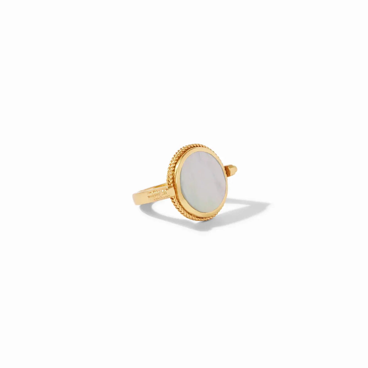 Revolving ring with mother-of-pearl side and gold knight coin detail