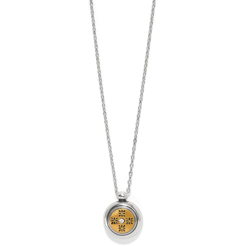 Mosaic Round Two Tone Mini Necklace with a silver chain and a gold-toned circular pendant.