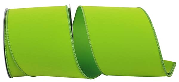 Green wired edge ribbon made of polyester and acrylic fabric.