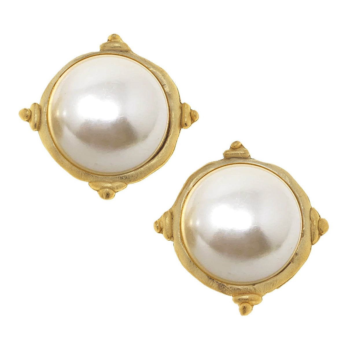 Triple-plated gold post earrings featuring white imitation pearl cabochons.