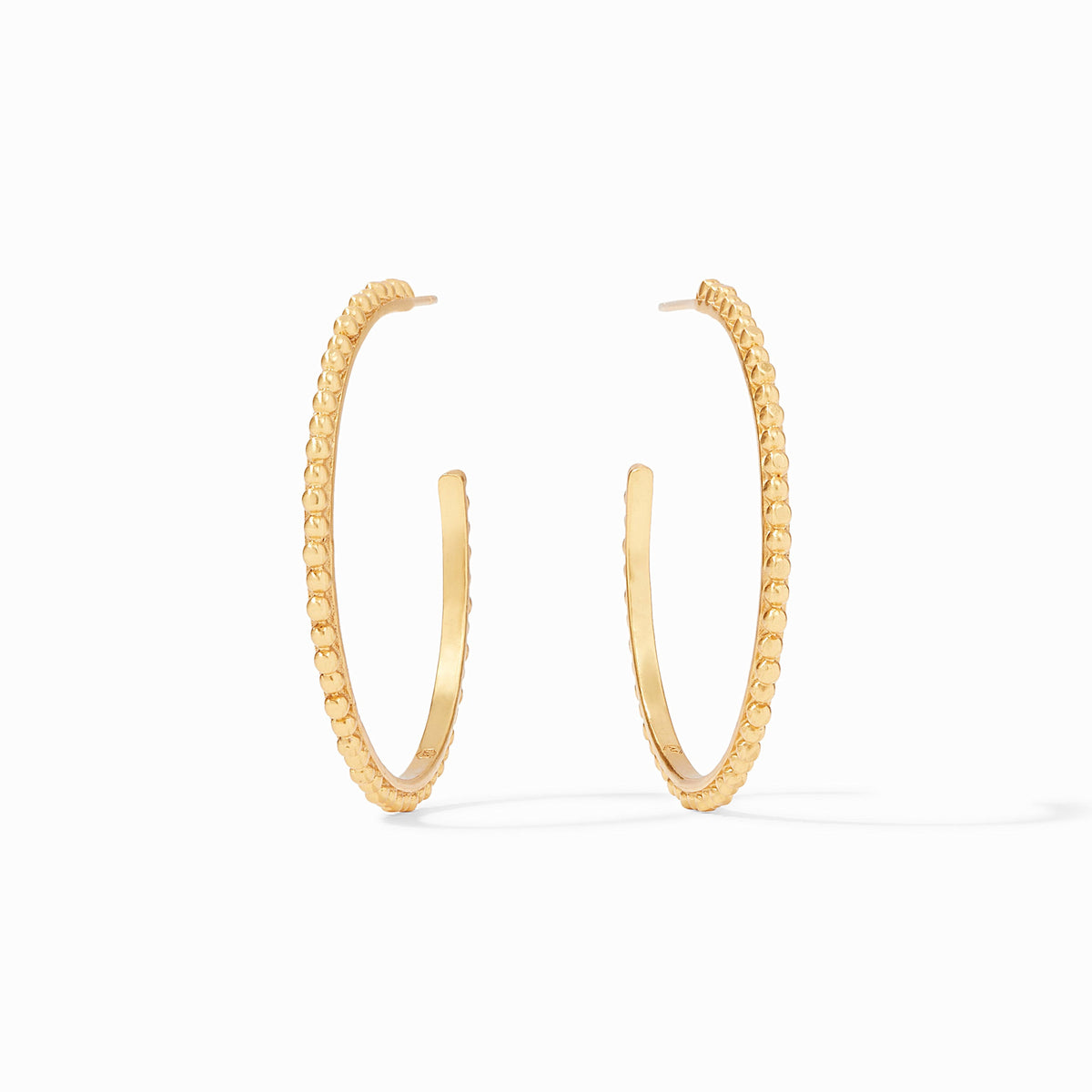 Gold plated slender hoop earring with raised bead detail and Julie Vos hallmark.