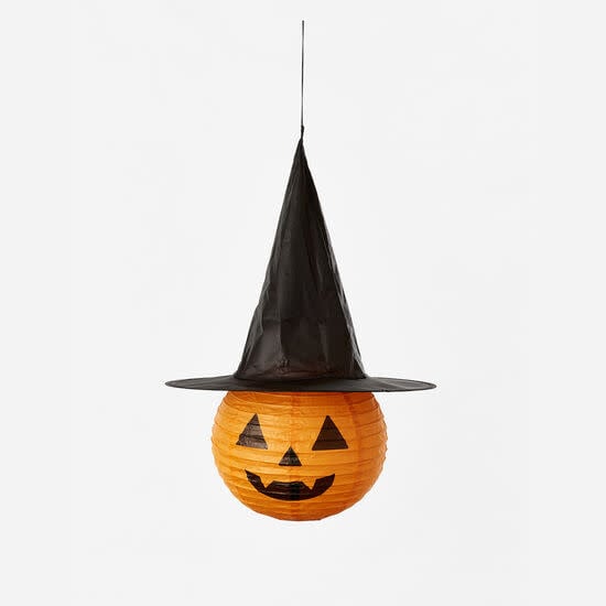 Collapsible orange pumpkin lantern with black witch hat, measuring approximately 15 by 21 inches.