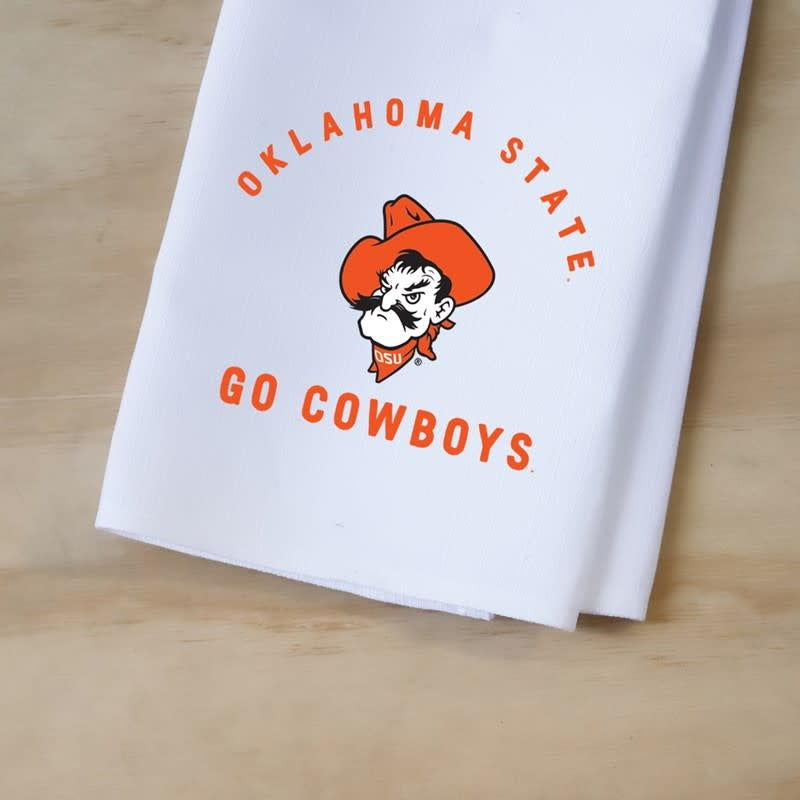 Blue polyester tea towel with arched Ohio State Buckeyes logo
