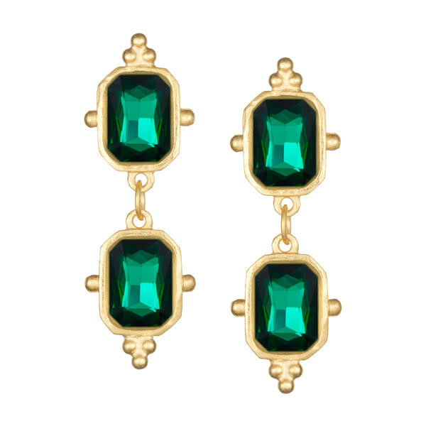 Triple plated gold Collins Highball earrings with genuine evergreen stone set in a triple-plated design.