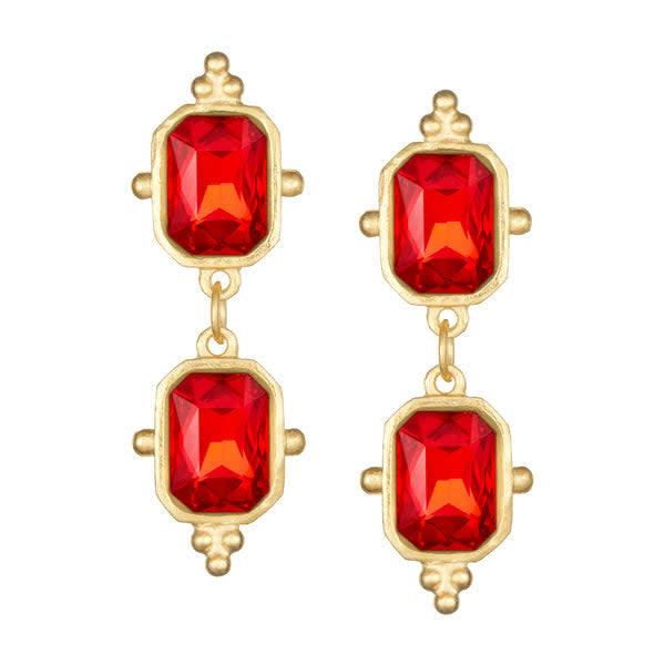 Triple plated 24k gold Collins Highball earrings featuring a genuine red ruby stone.