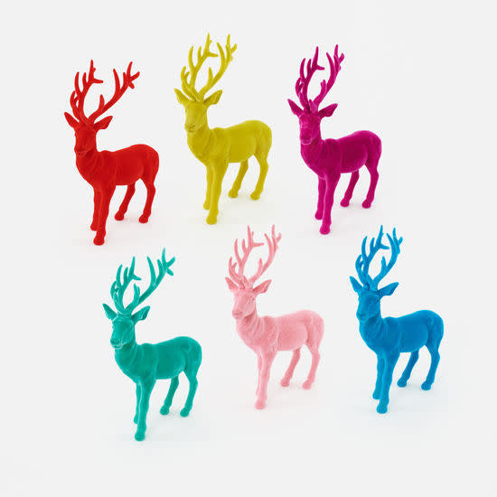 Flocked deer ornament with light velvet coat in vintage colors