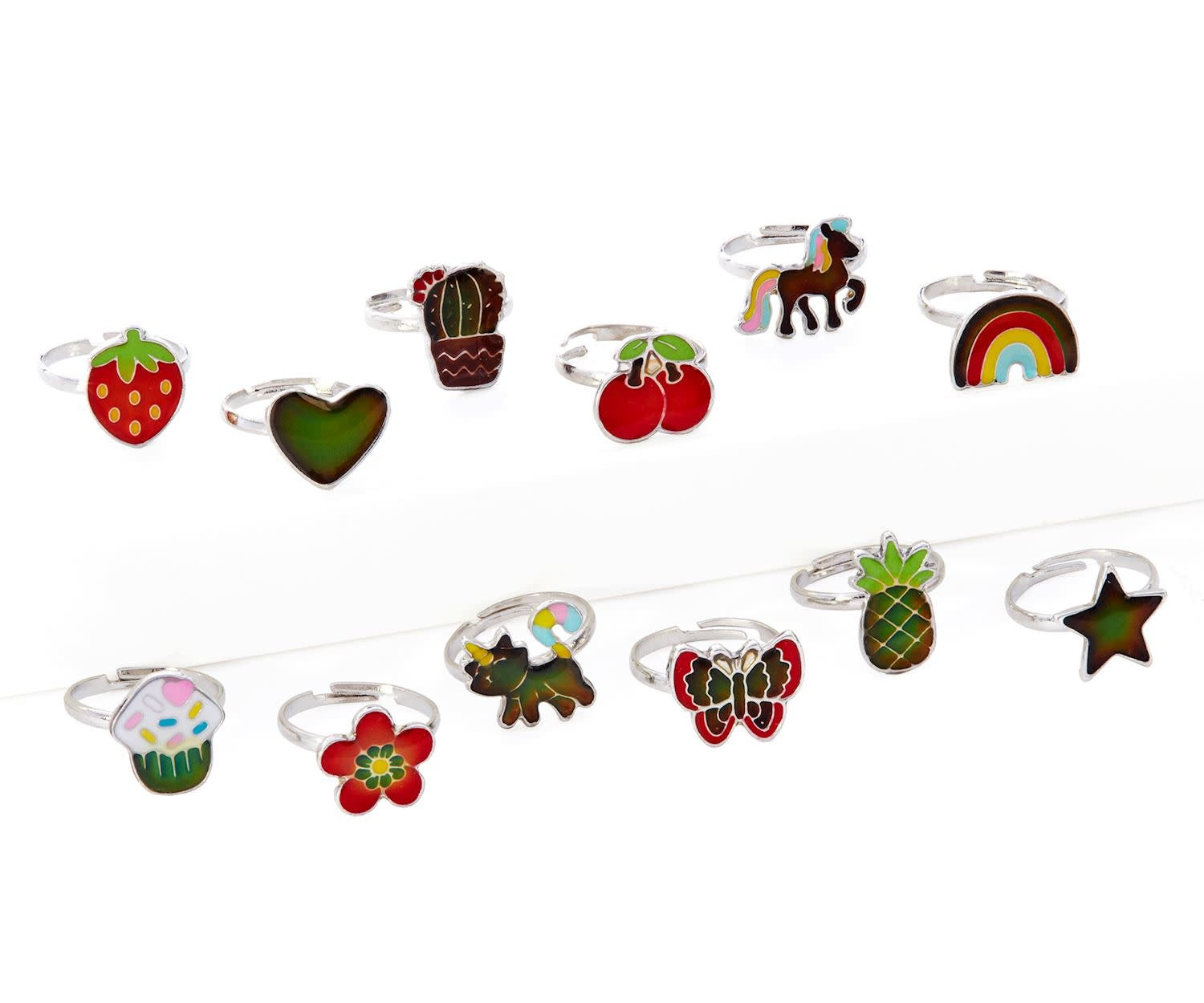 Adjustable metal mood ring with colorful epoxy charm changing hues based on temperature.