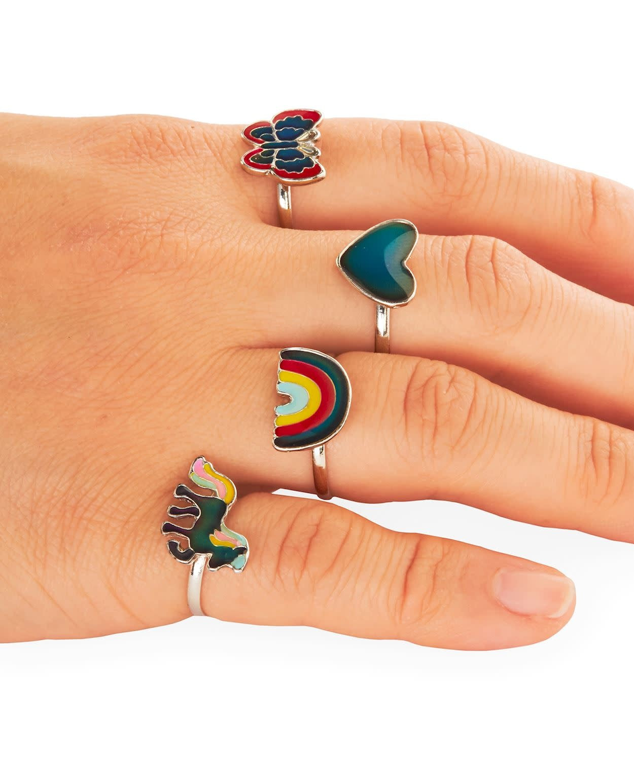 Adjustable metal mood ring with colorful epoxy charm that changes color based on wearer's emotions.