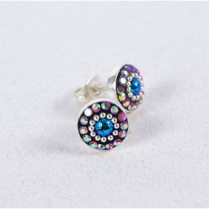 Sterling silver stud earrings featuring a colorful dot crystal center with sparkling Austrian crystals.