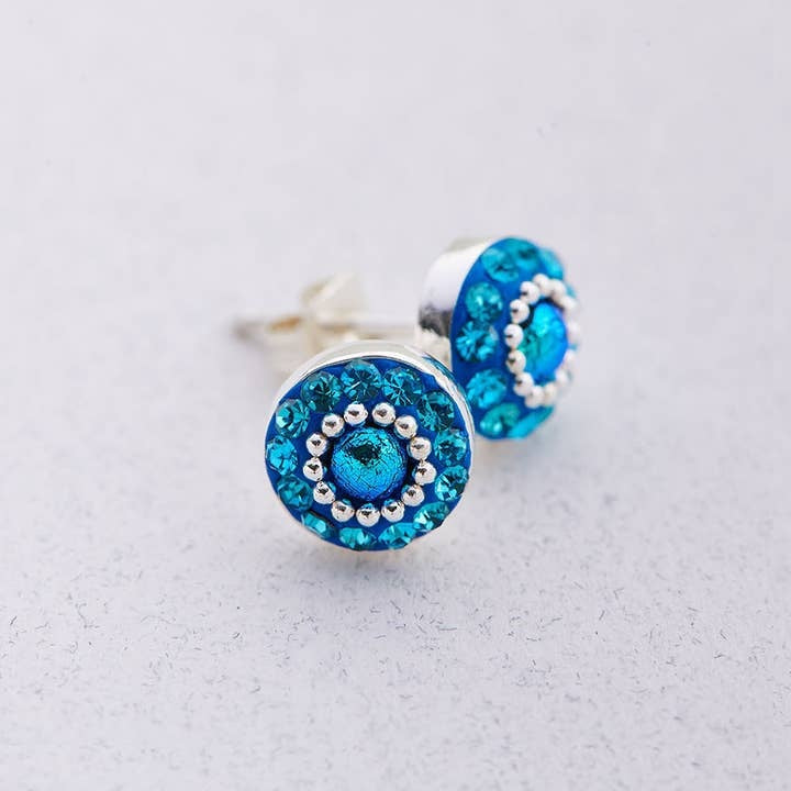 Sterling silver bessel earrings filled with colorful Austrian crystals in a dot pattern.