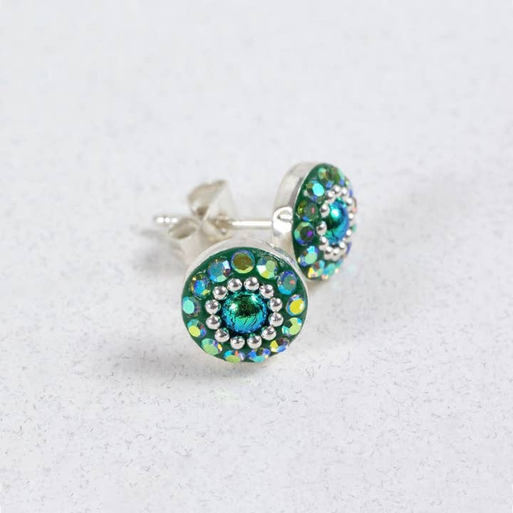 Sterling silver stud earrings featuring a colorful dot pattern filled with Austrian crystals.