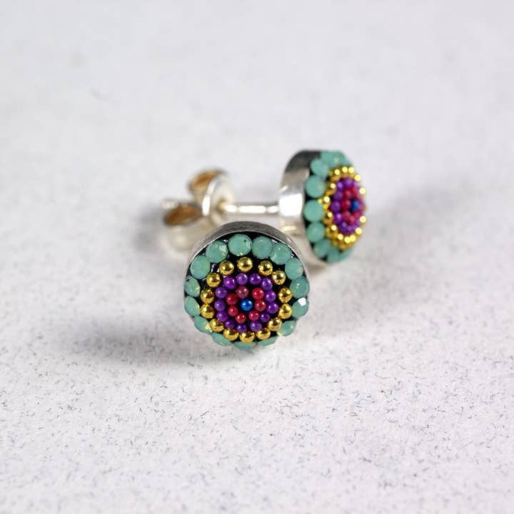 Sterling silver bessel earrings filled with colorful Austrian crystals in a dot pattern.