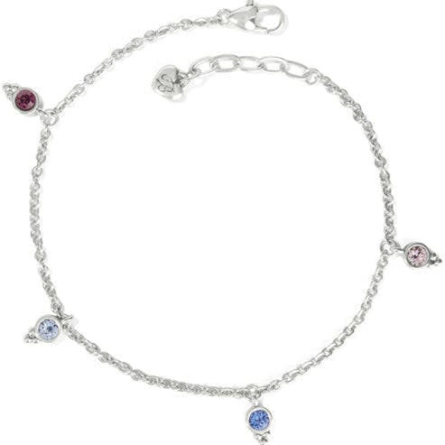 Silver-plated anklet with adjustable chain featuring multi-colored crystal gemstones.