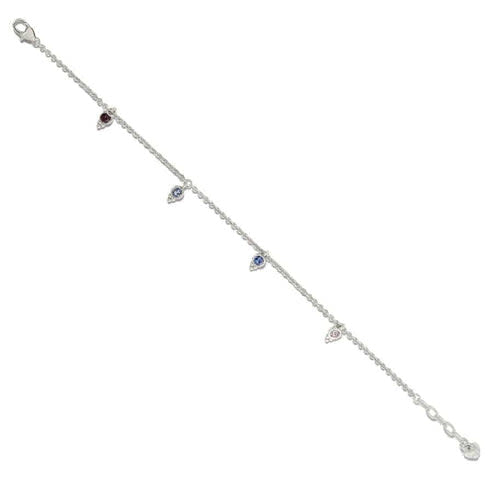 Silver plated adjustable anklet featuring brilliant multi-colored crystal drops.