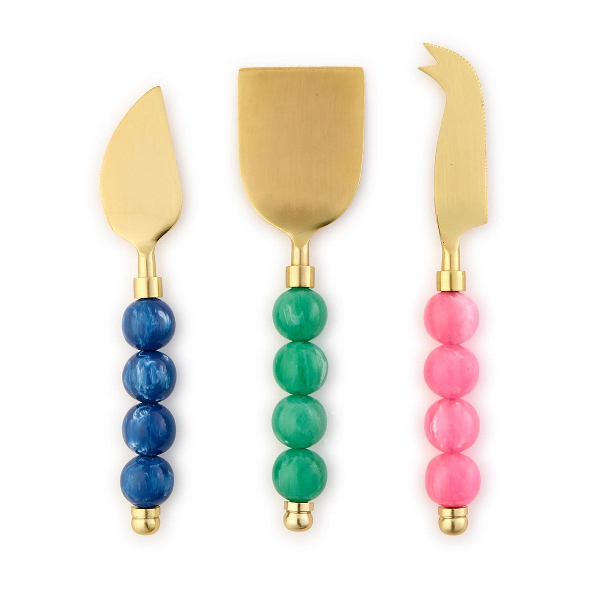 Set of three cheese knives with pink, blue, and green resin handles in a gift box.
