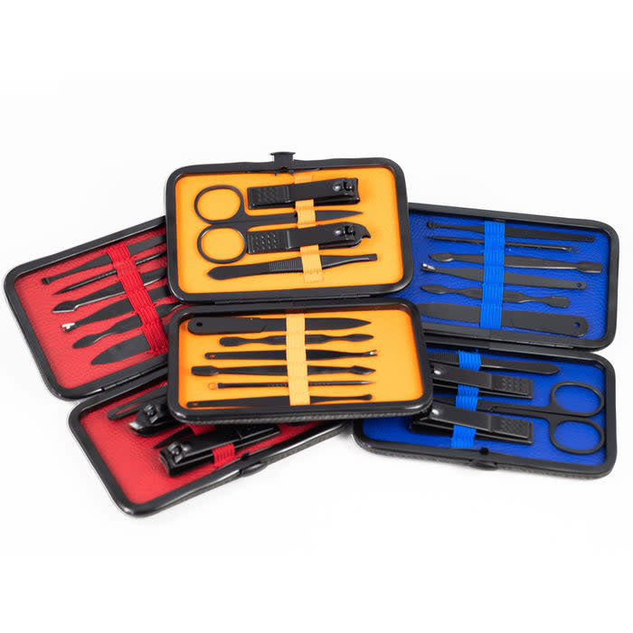 Color Pop Grooming Kit featuring hair clippers, nail file, face razor in a compact black travel case.