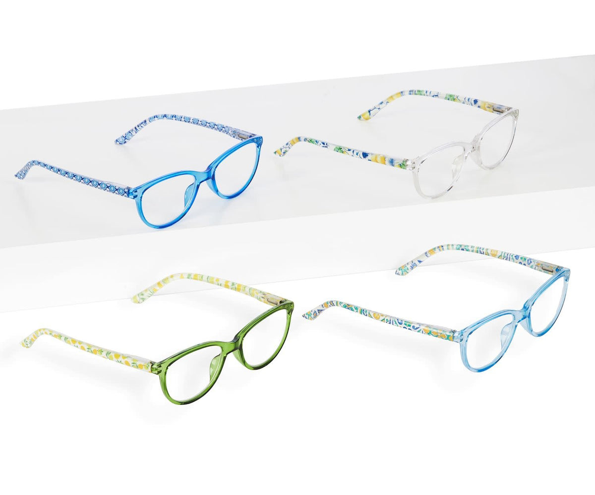 Colorful reading glasses with polycarbonate frames featuring a chic colored front and patterned sides, shown in protective fabric pouch.