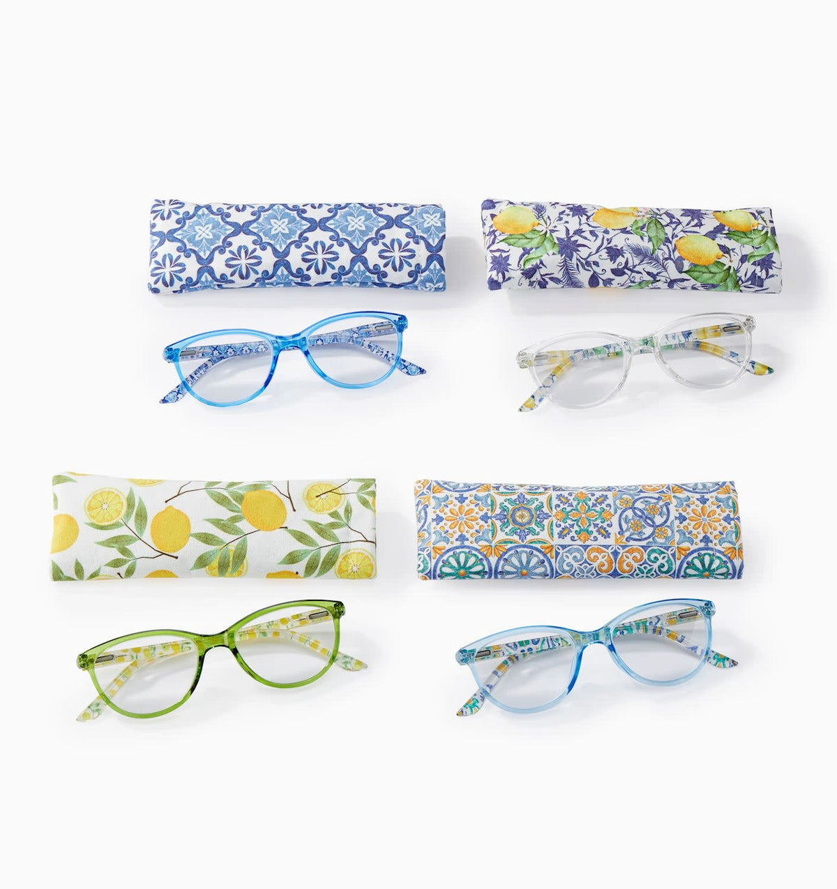Colorful reading glasses with polycarbonate frames featuring a chic colored front and patterned sides.