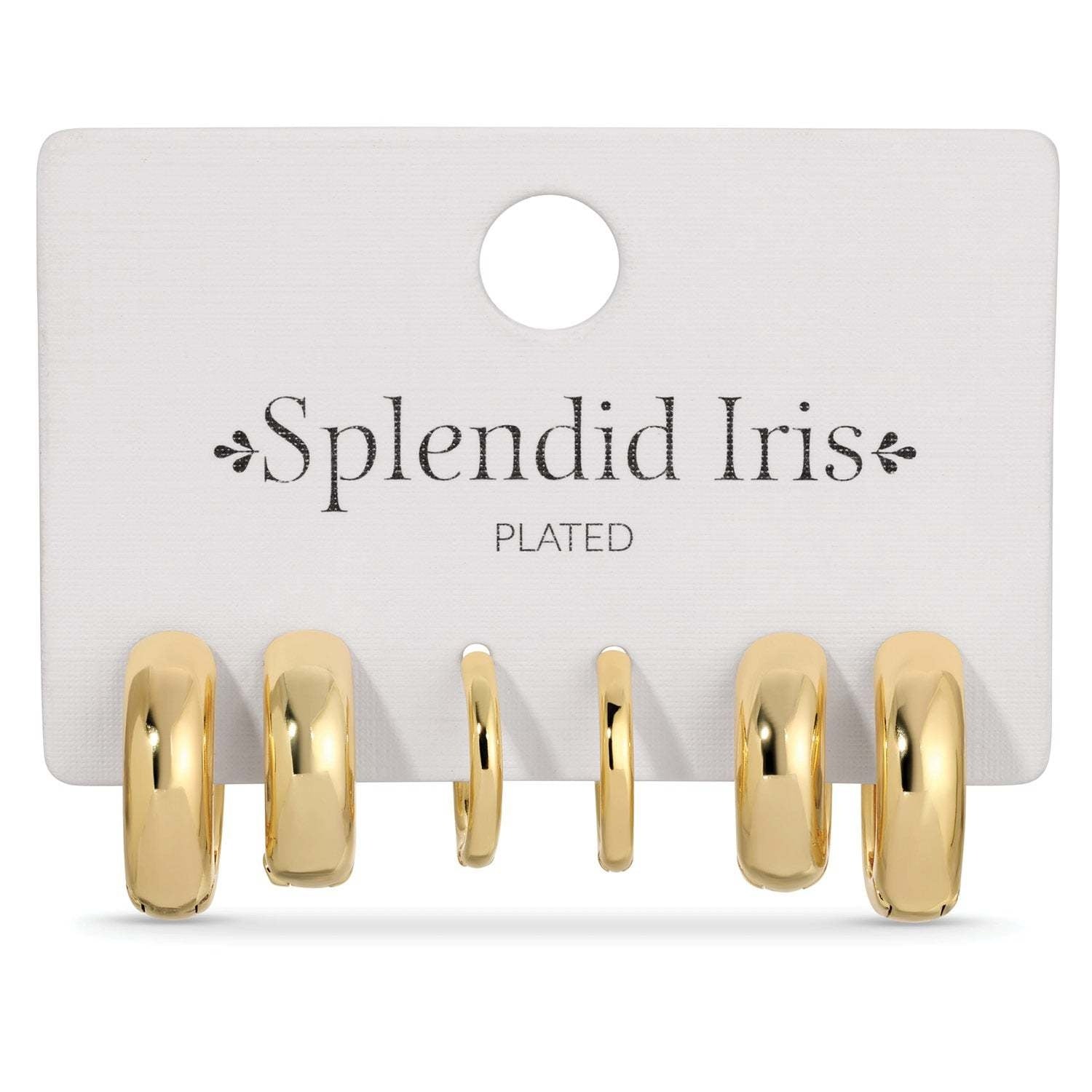 Set of three simple huggie earrings in assorted gold tones with rhodium plating.