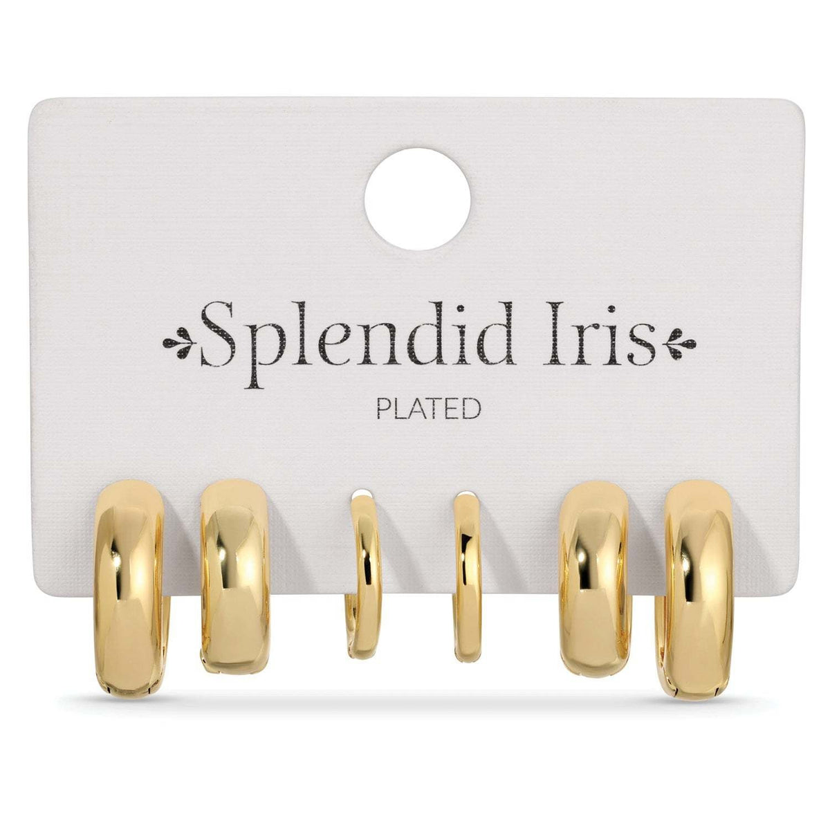 Set of three simple huggie earrings in assorted gold tones with rhodium plating.