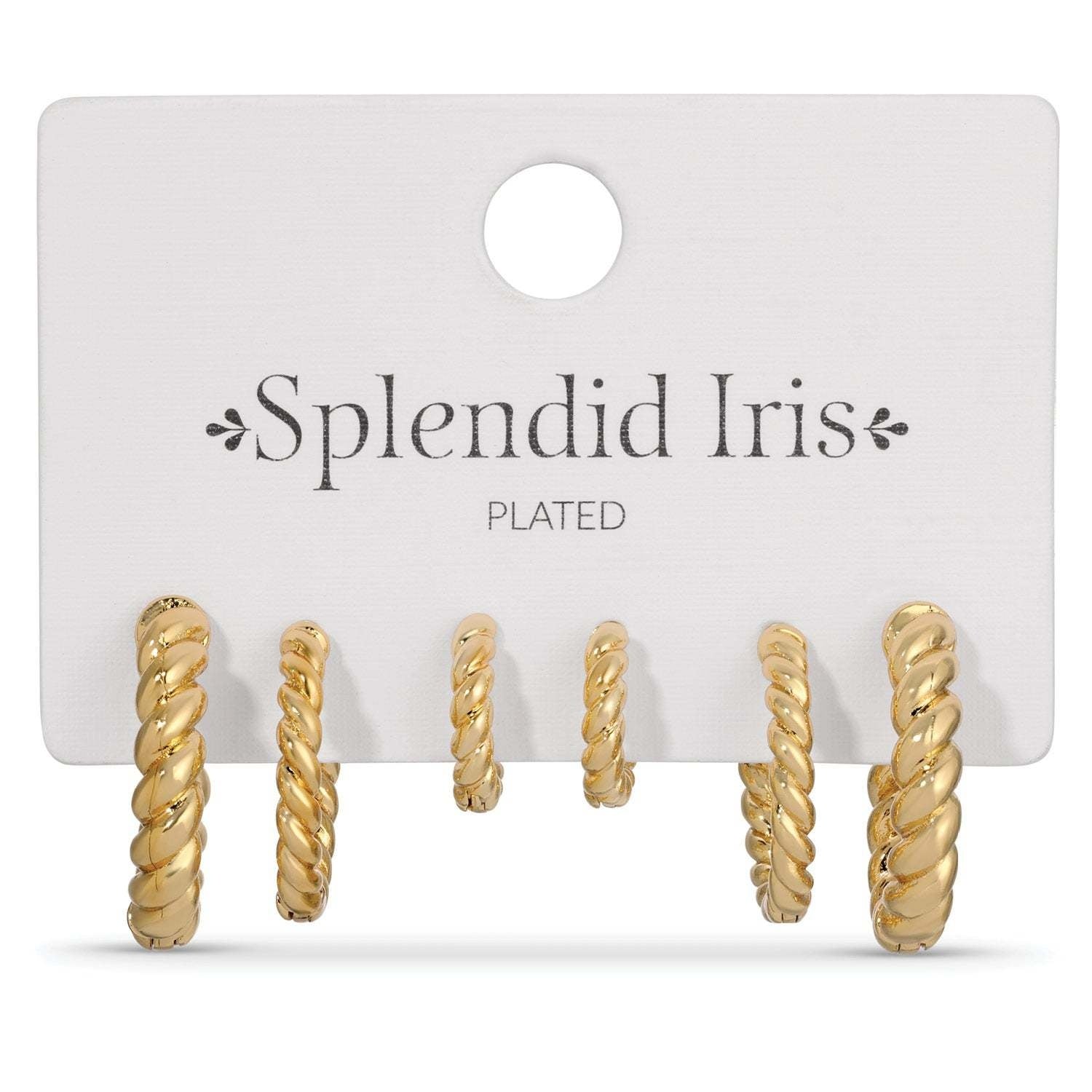 Set of three twisted huggie hoop earrings in gold-plated brass.