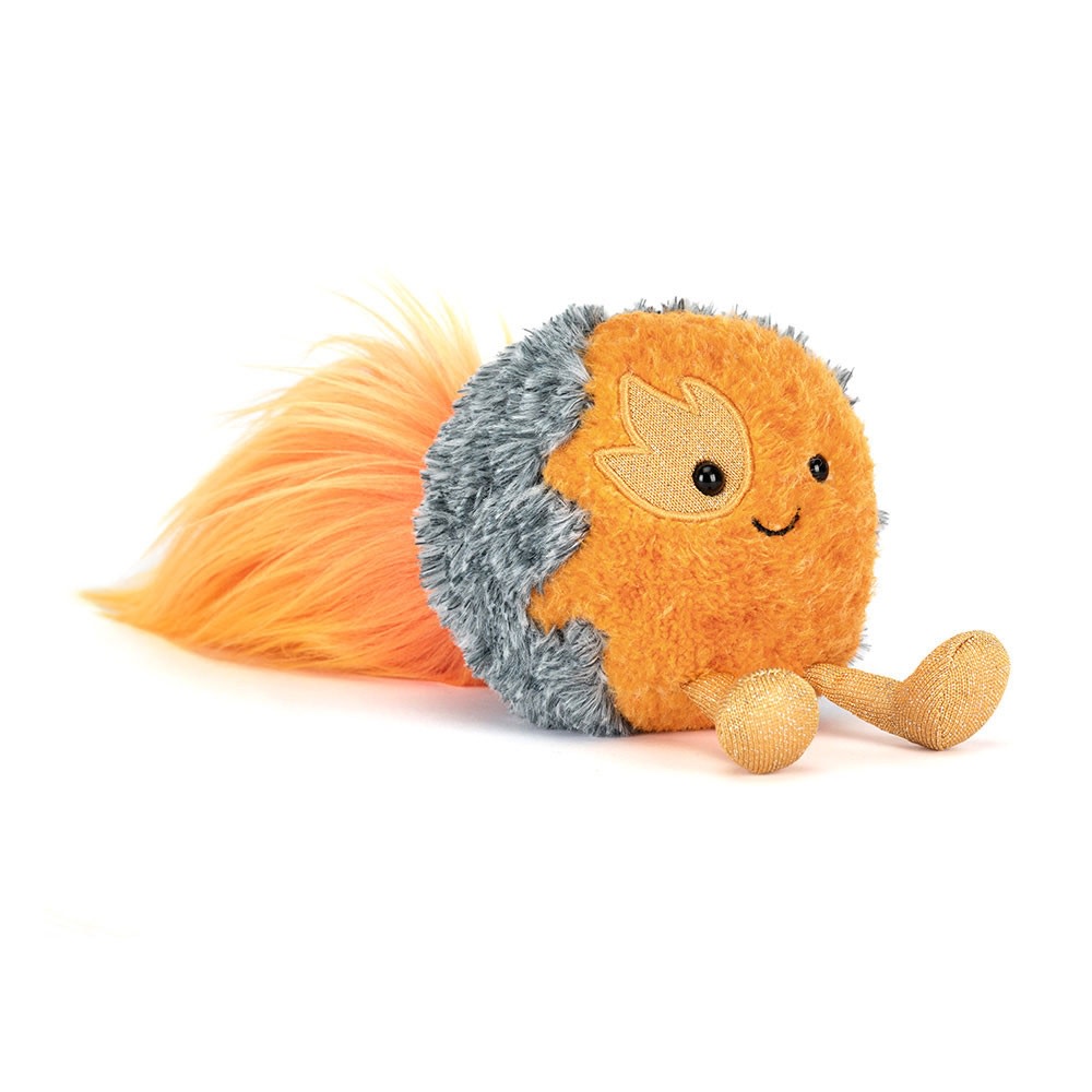 Amuseables Space Comet plush toy with an orange face, grey fuzzy back, and long orange tail.