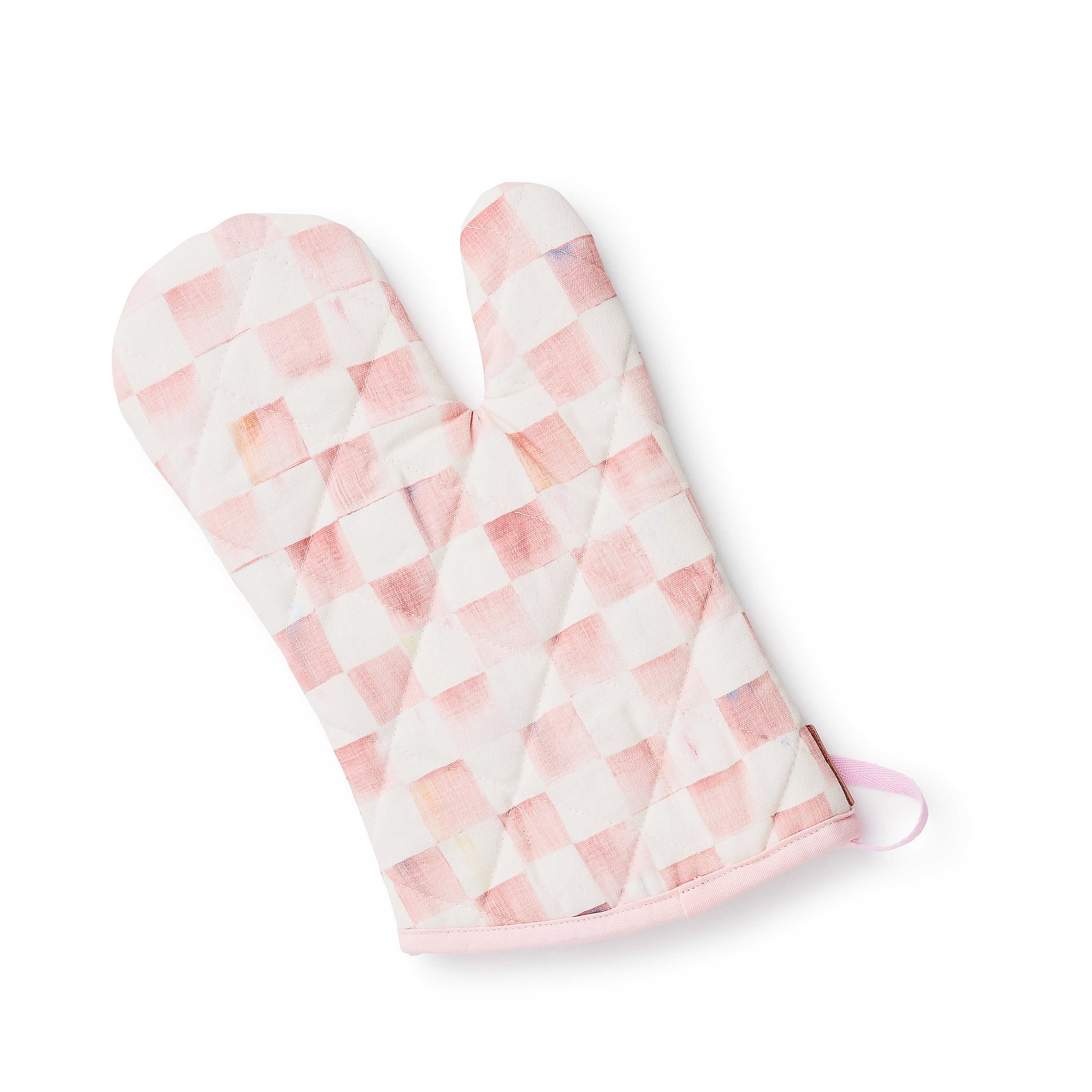A quilted cotton oven mitt featuring a pink and white watercolor-style checkered pattern.