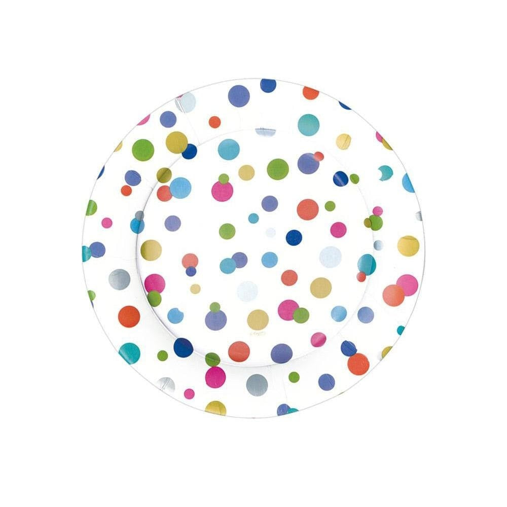 Pack of eight white paper salad plates with colorful confetti brights pattern