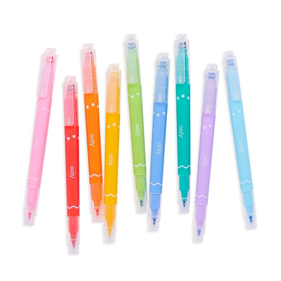 Set of nine double-ended markers with fine felt tips on one end and multi-shaped stamp ends featuring dots, hearts, and stars.