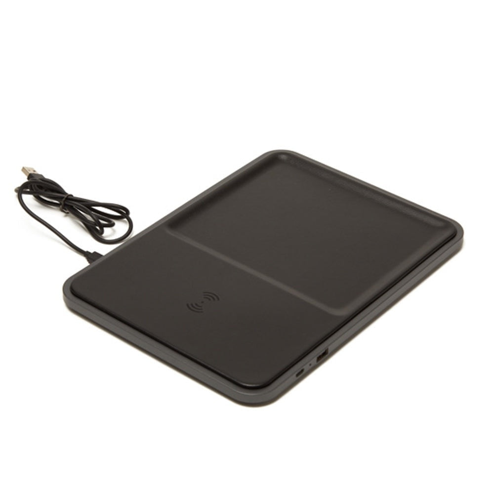Front view of the Conor wireless charging tray in sleek vegan leather with a valet silhouette.