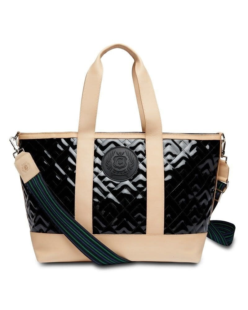 Black patent leather Max Tote with quilted Consuela exterior, natural leather trim, and adjustable straps.