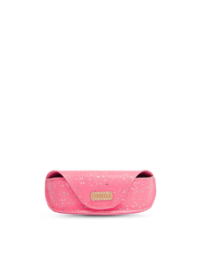 Structured neon pink glitter sunglasses case with magnetic closure, soft mesh lining, natural leather logo patch, and interior.