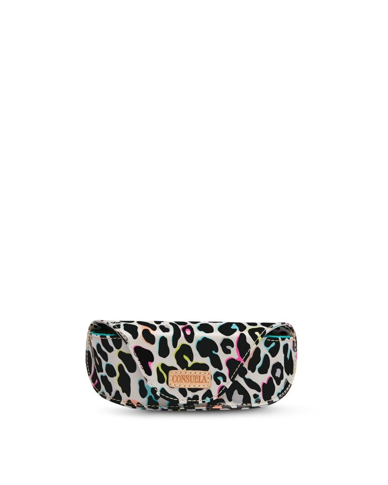Structured neon pink star glitter sunglass case with magnetic closure, soft mesh lining, and natural leather logo patch.