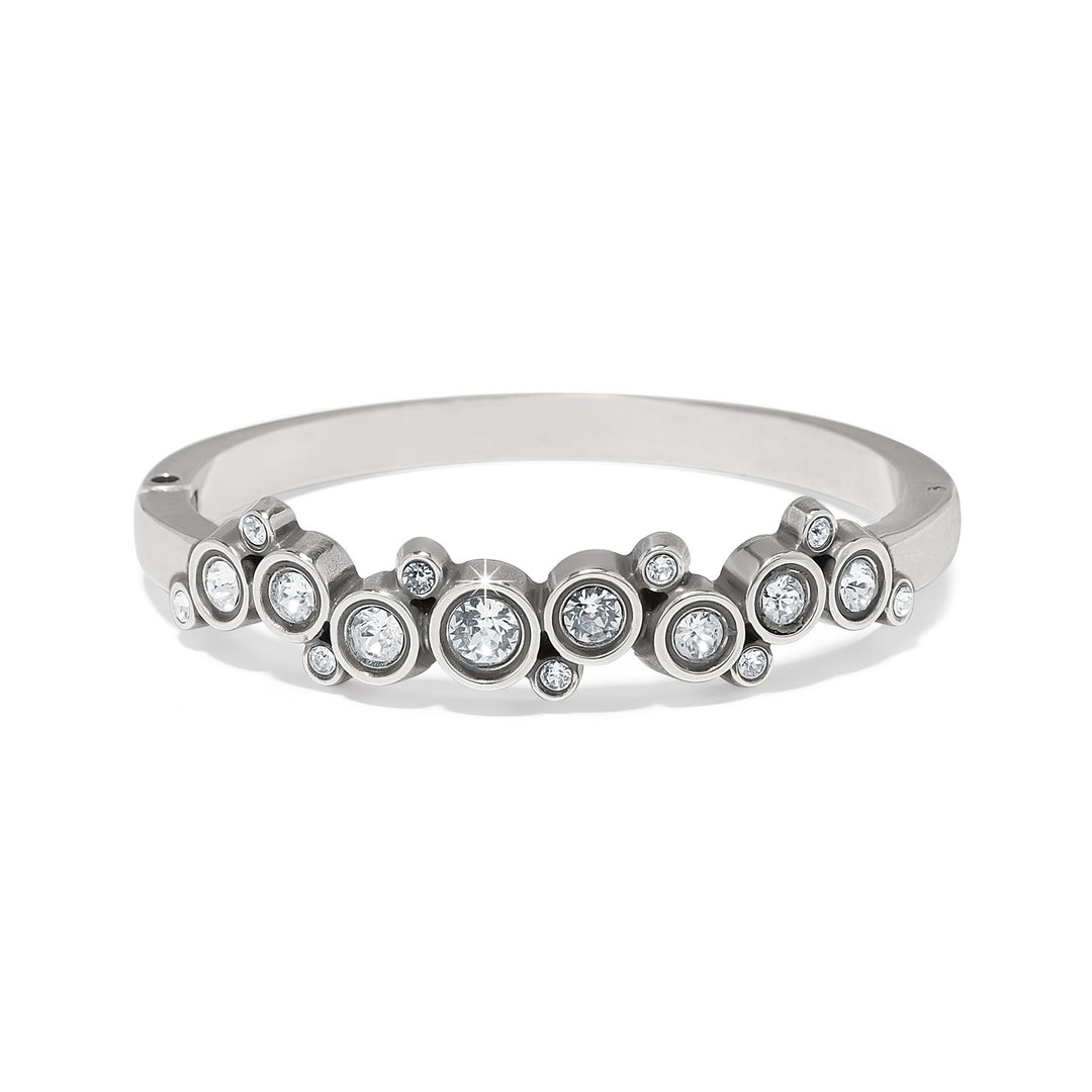 Silver hinged bangle with fine quality crystals on a silver-plated finish.