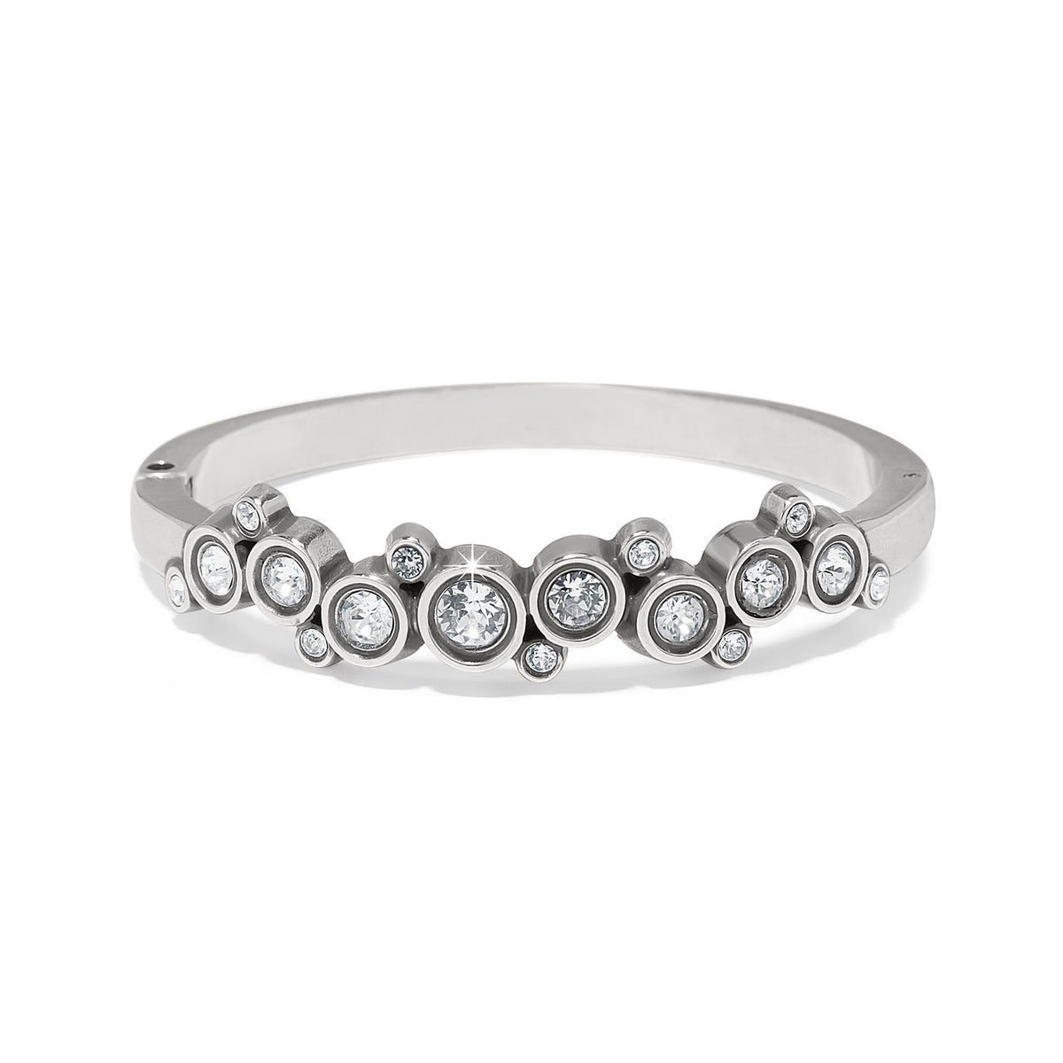 Silver hinged bangle with fine quality crystals on a silver-plated finish.