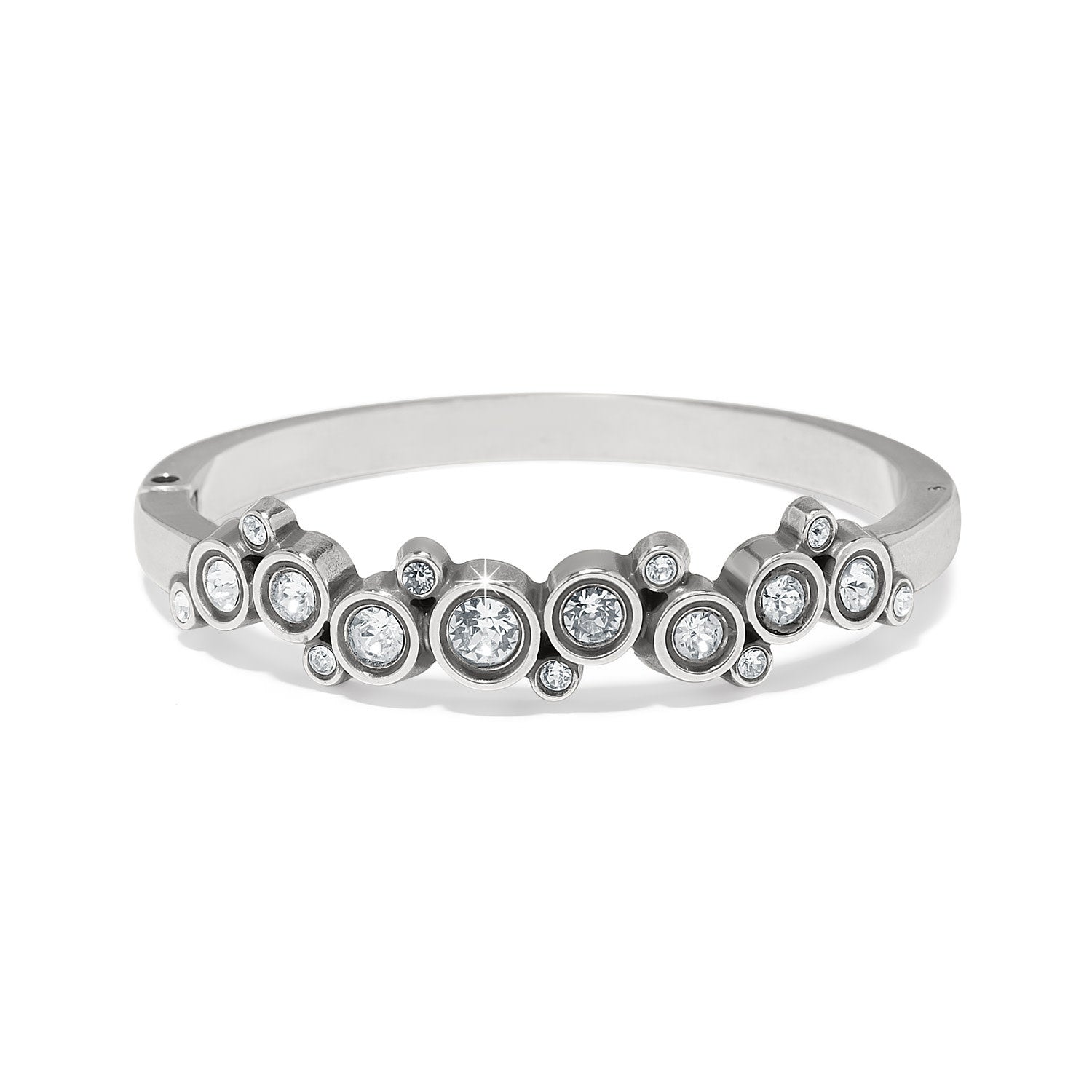 Silver hinged bangle with fine quality crystals on a silver-plated finish.