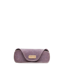 Structured neon pink star glitter sunglass case with magnetic closure, soft mesh lining, and natural leather logo patch.