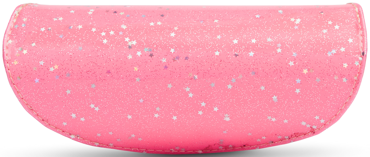 Structured neon pink star glitter sunglass case with magnetic closure, soft mesh lining, and natural leather logo patch.