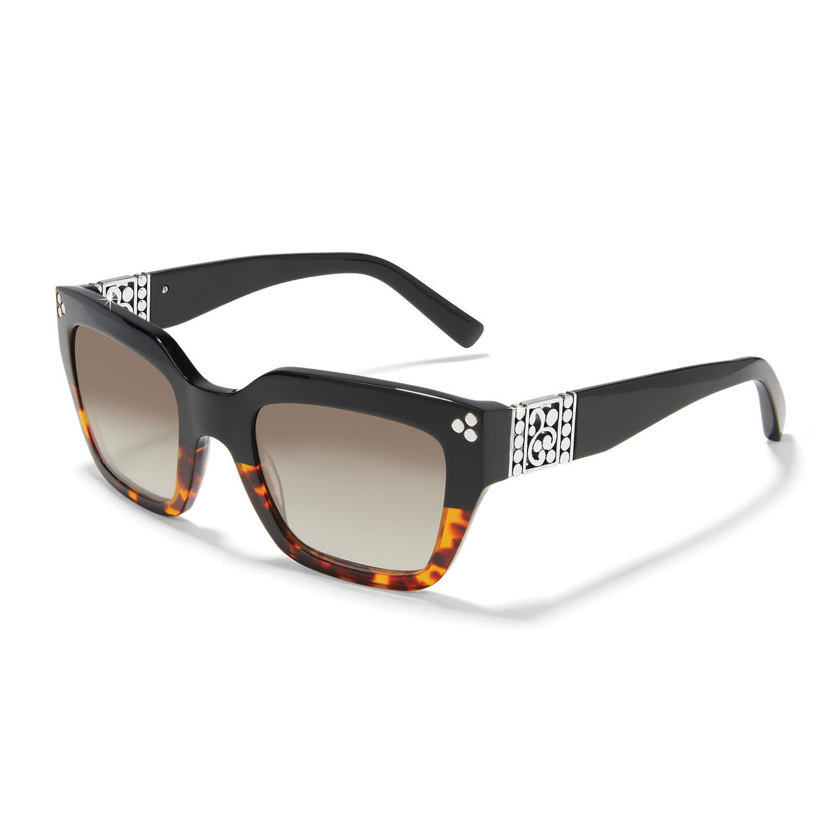 Square Contempo Dot Dual sunglasses in butterscotch tortoise with silver plated accents and pierced dot studs on temples.